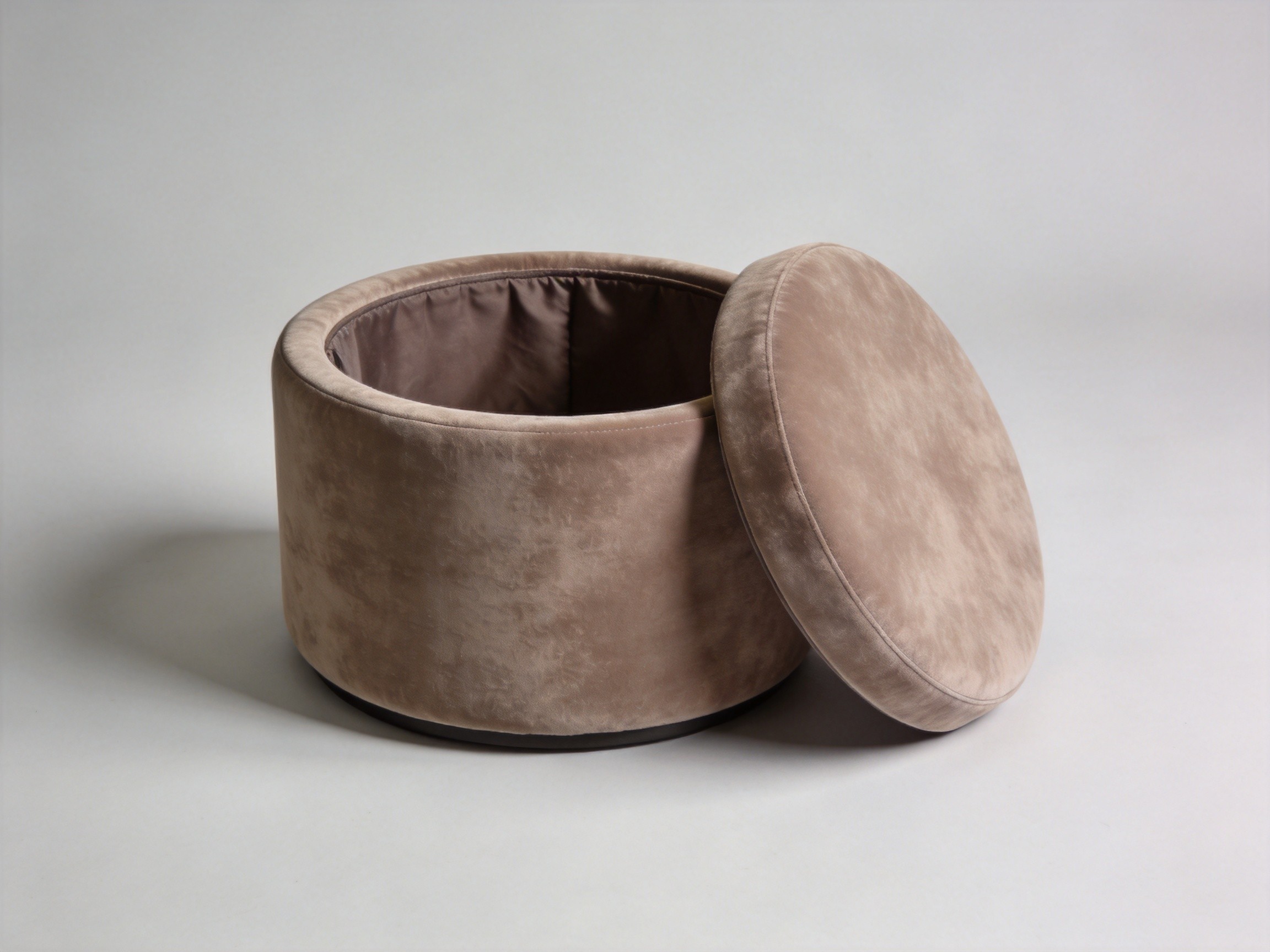 Round Faux Suede Storage Ottoman In Taupe